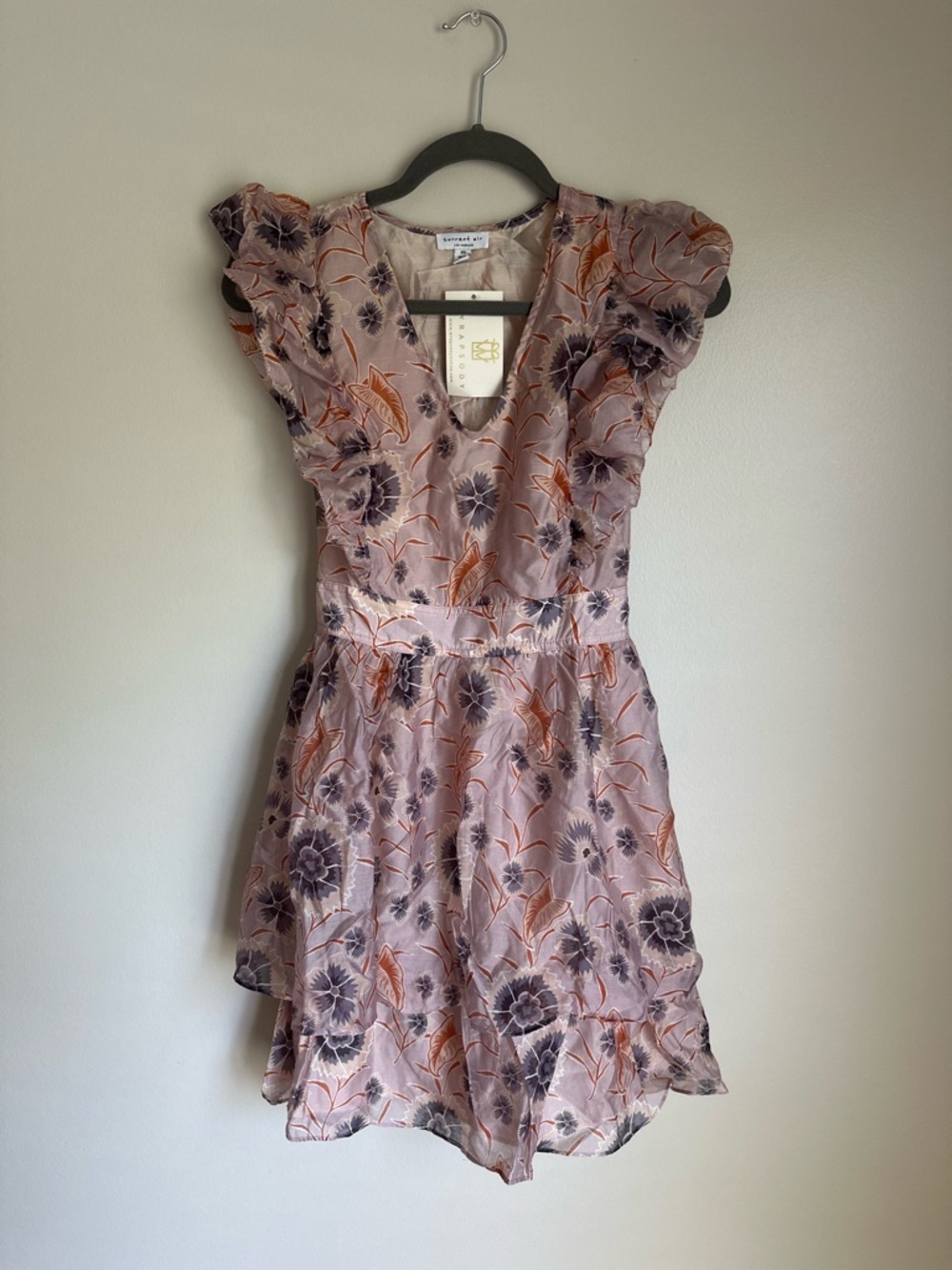 NEW Current Air Sleeveless Floral Ruffle Mini Dress Lilac Orange Grey Size XS - Picture 2 of 10